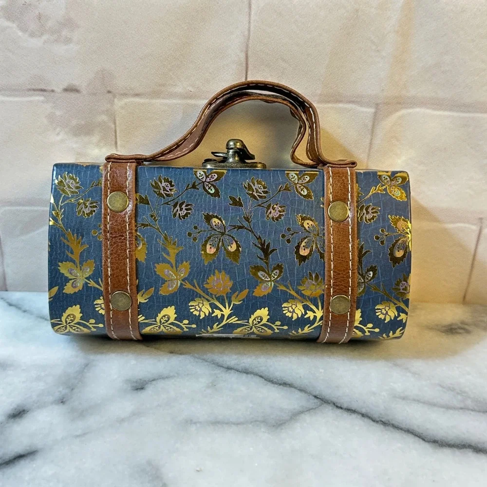 Vintage Style Mini Decorative Suitcase Blue Gold Floral Keepsake Box Trunk
